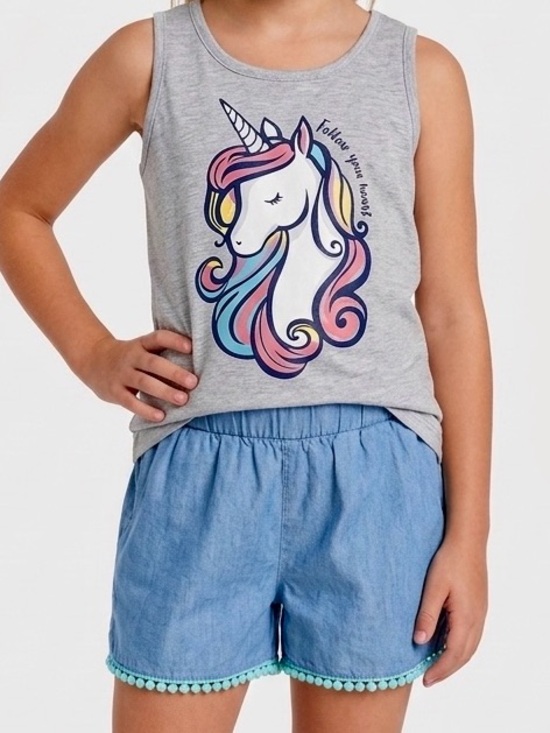 Self Esteem Other - SELF ESTEEM 2 Piece Girls Grey Rainbow Unicorn Tank Top & Blue Denim Shorts Set